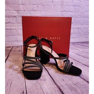 Kelly & Katie Sandals Womens 8 Black Cadene Block Heel Strappy Rhinestone Dressy